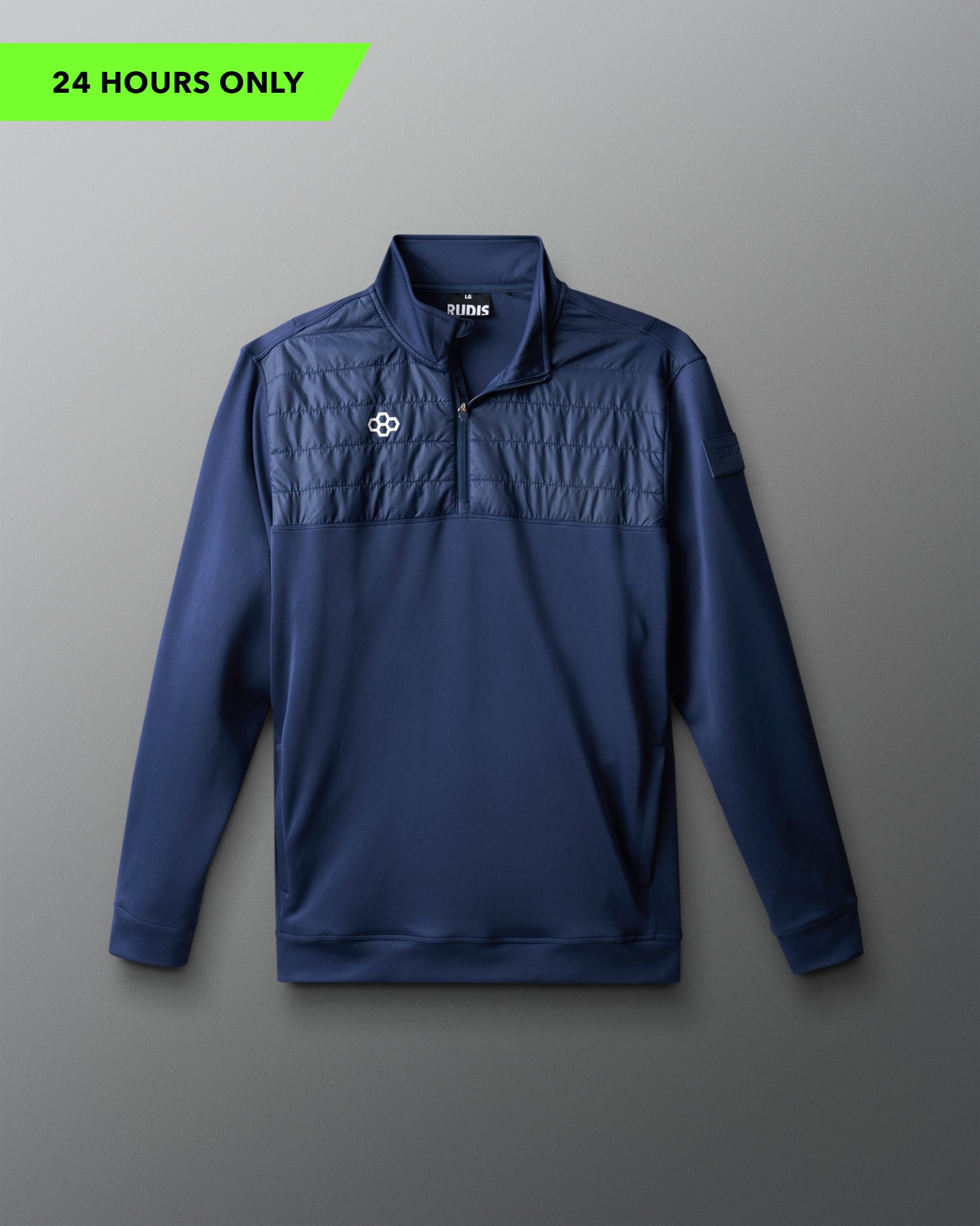 Blue pullover with a logo on a gray background