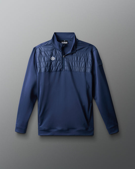Blue pullover with a logo on a gray background