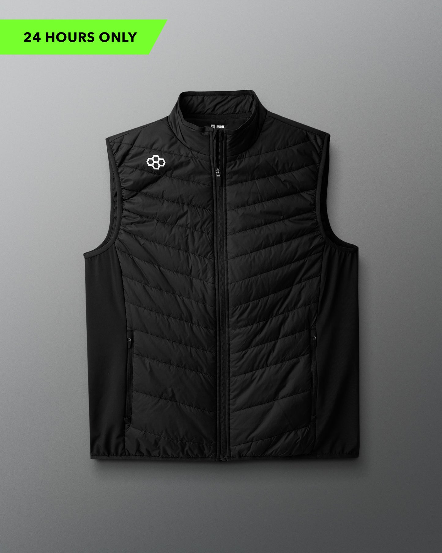Black quilted vest with a brand logo on a gray background