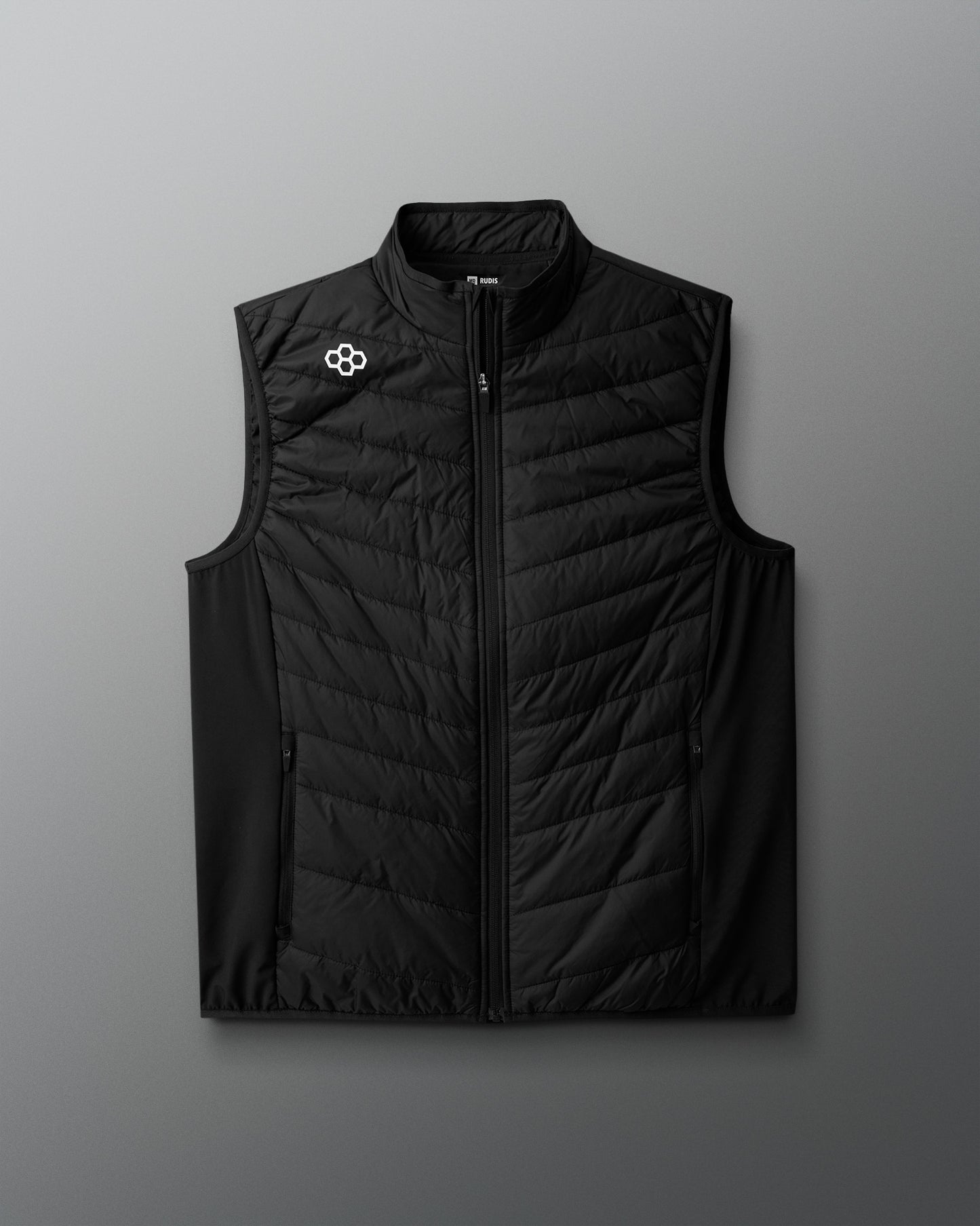 Black quilted vest with a brand logo on a gray background