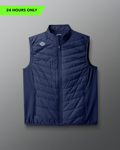 Blue puffer vest with a brand logo on a gray background