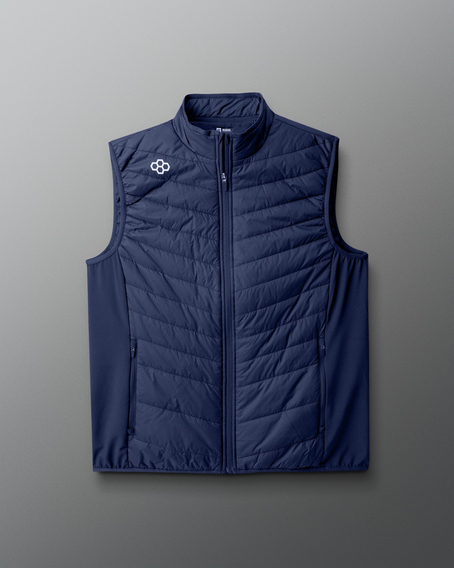 Blue puffer vest with a brand logo on a gray background