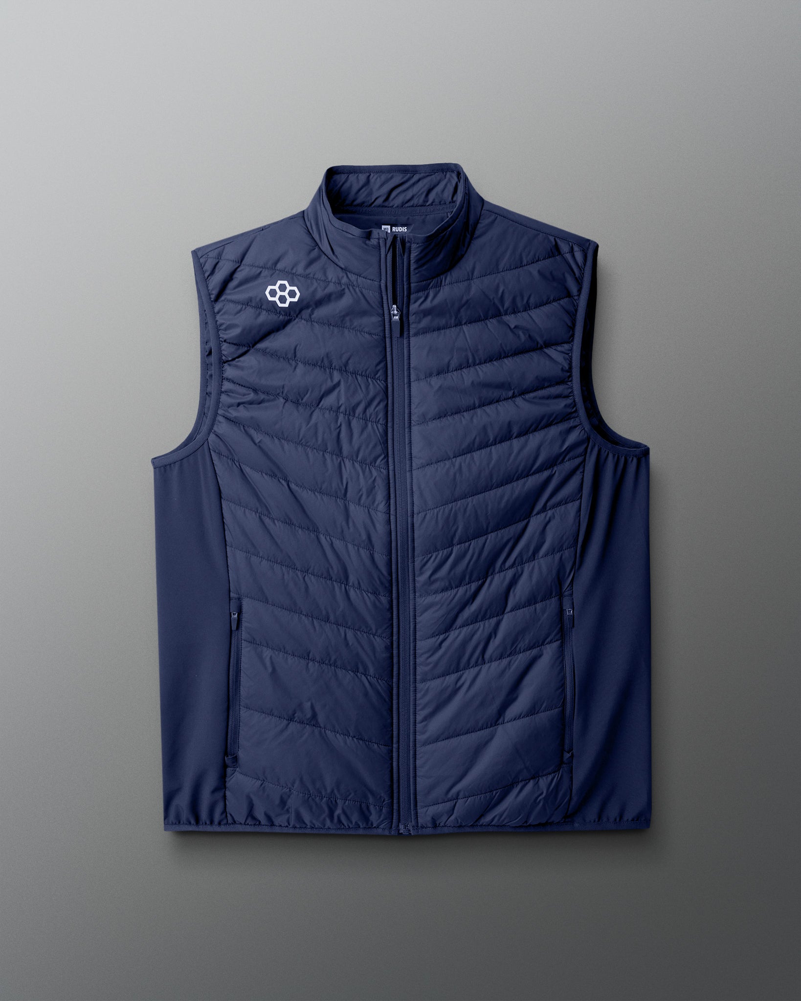 Blue puffer vest with a brand logo on a gray background