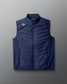 Blue puffer vest with a brand logo on a gray background