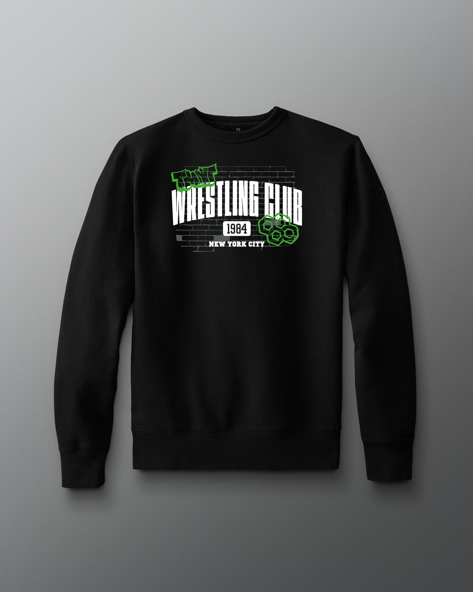 Black sweatshirt with 'Wrestling Club New York City' text on a gray background. TMNT. Teenage Mutant Ninja Turtles
