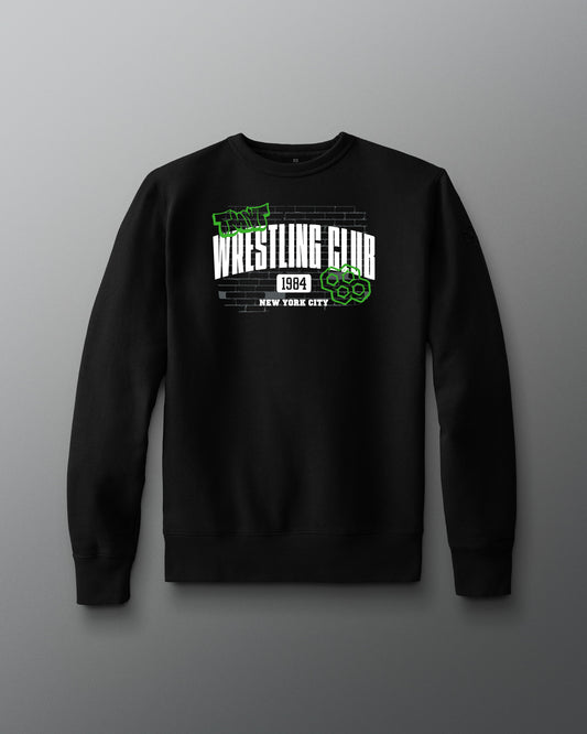 Black sweatshirt with 'Wrestling Club New York City' text on a gray background. TMNT. Teenage Mutant Ninja Turtles