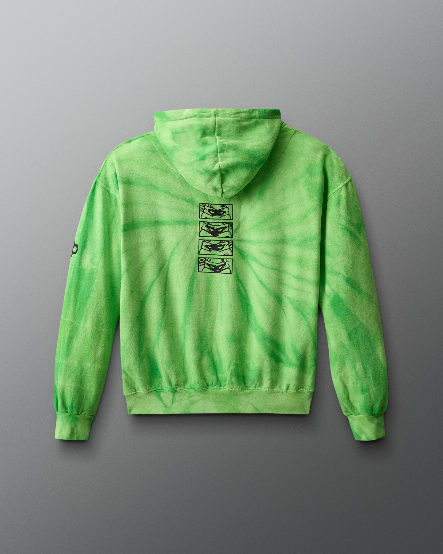 Green tie-dye hoodie with black graphic on the back against a gray background. TMNT. Teenage Mutant Ninja Turtle