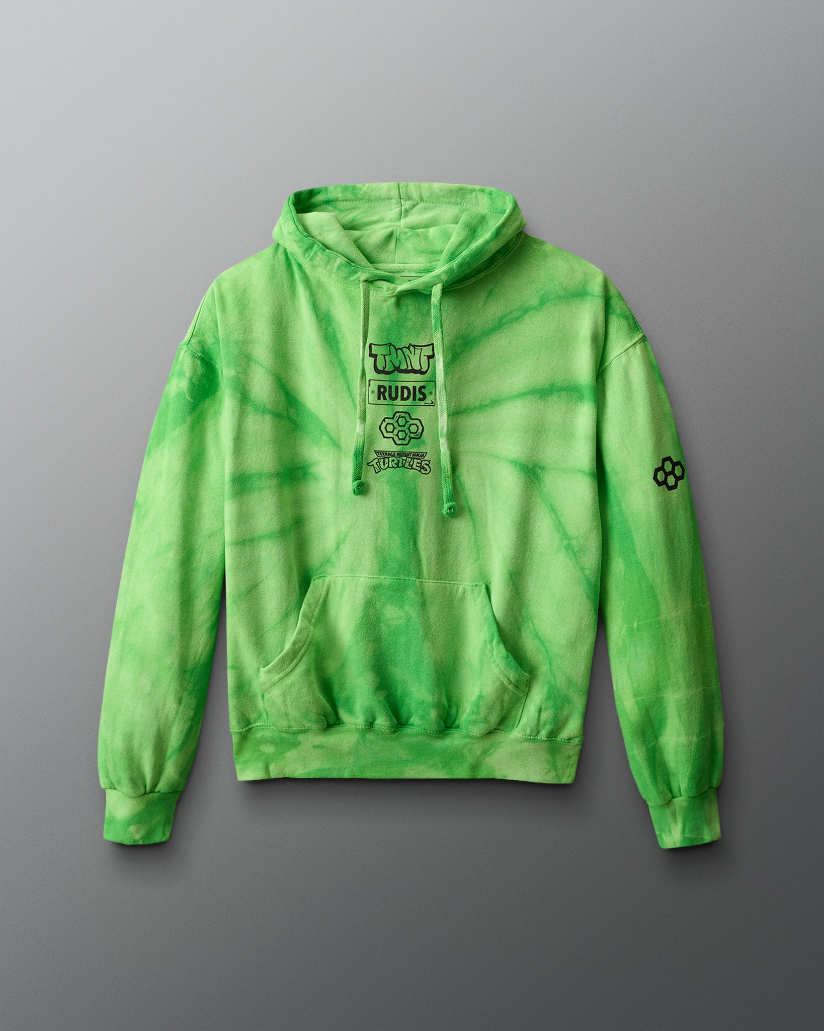 Green tie-dye hoodie with branding on a gray background. TMNT. Teenage Mutant Ninja Turtle