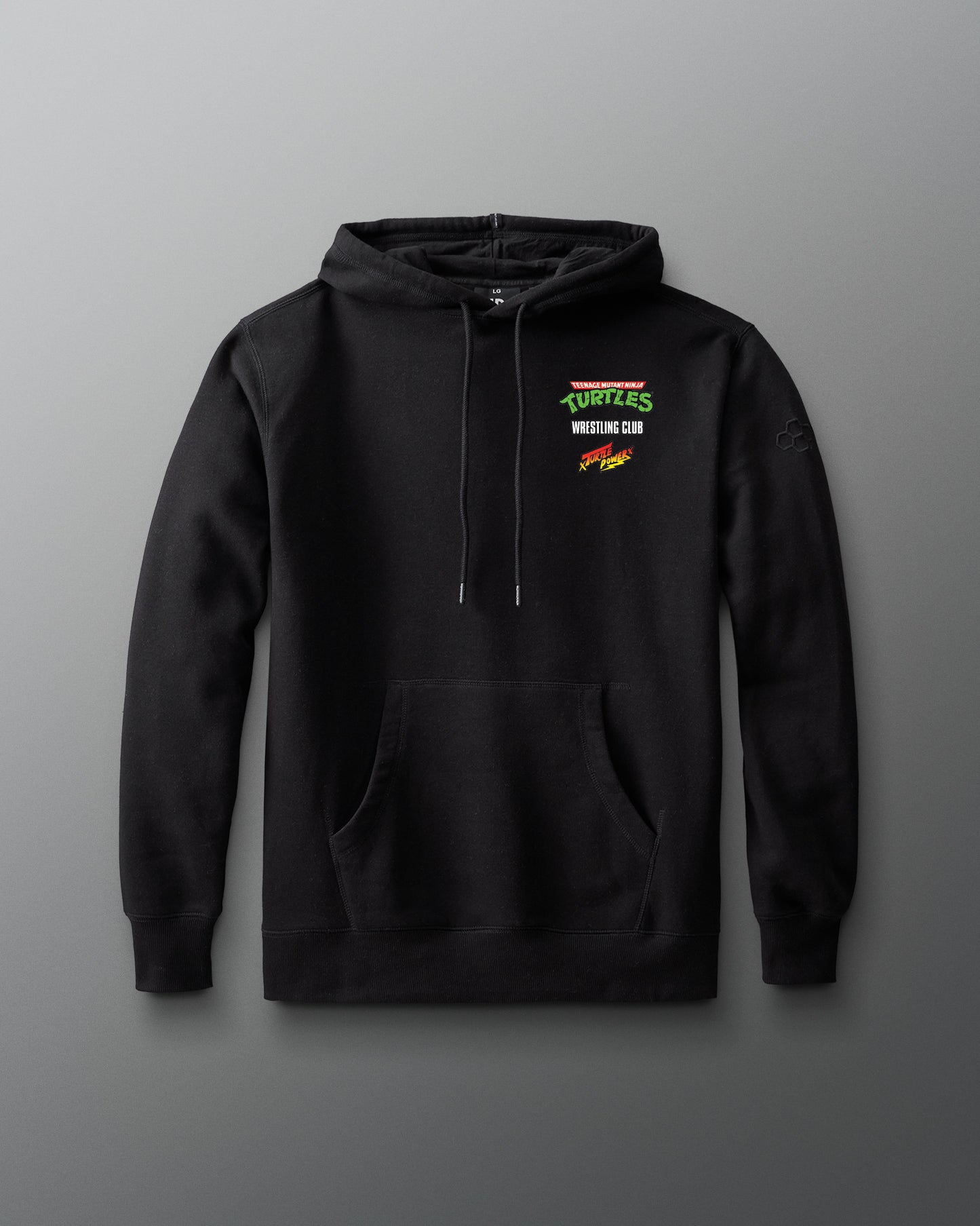 Black hoodie with a logo on the chest against a gray background