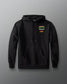 Black hoodie with a logo on the chest against a gray background
