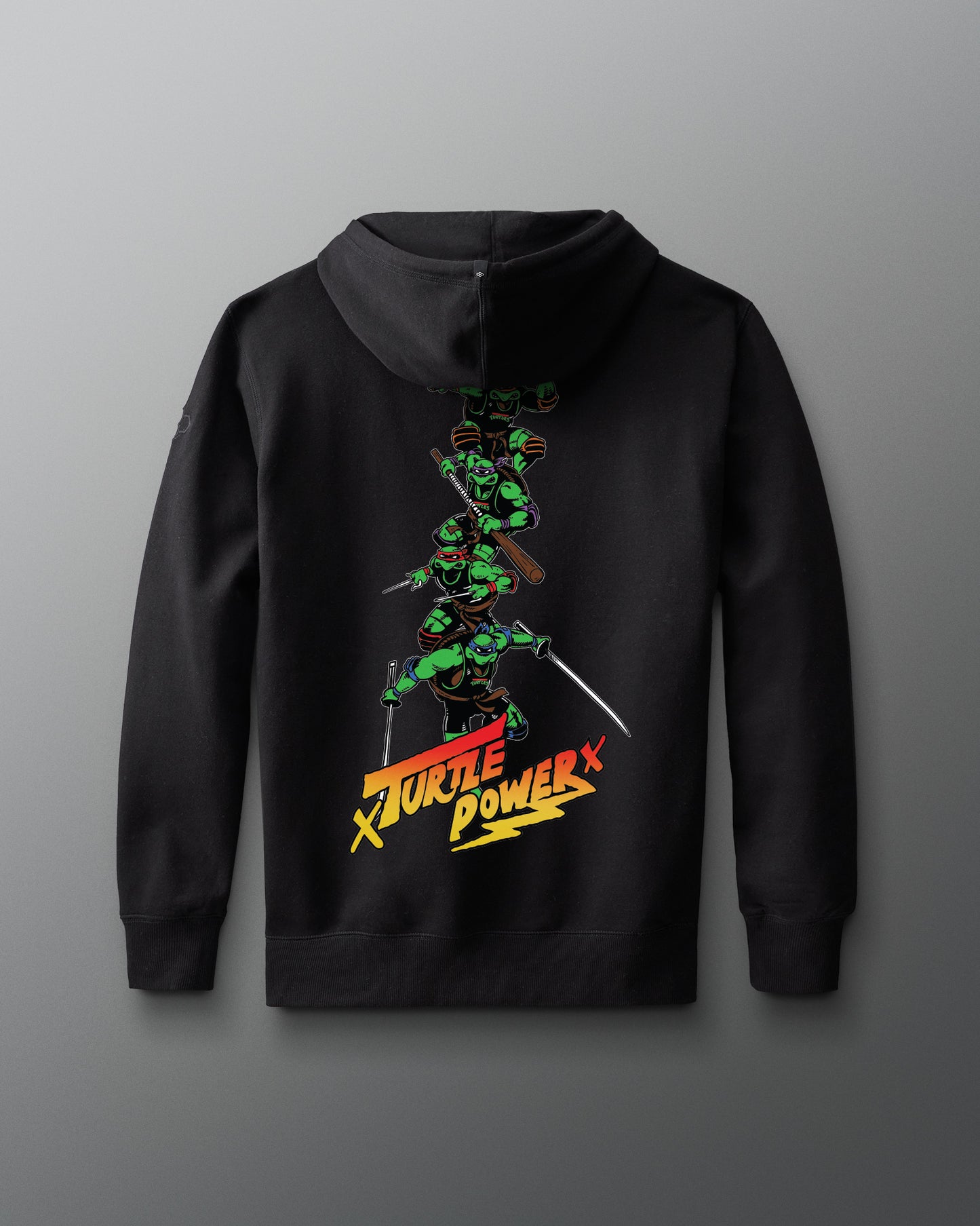 Black hoodie with colorful graphic design on a gray background