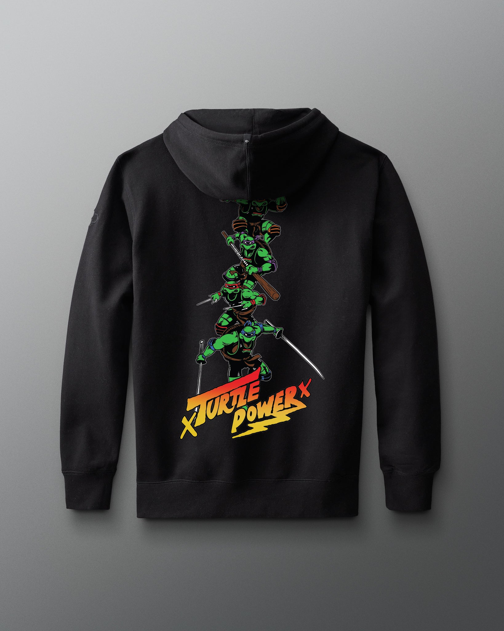 Black hoodie with colorful graphic design on a gray background