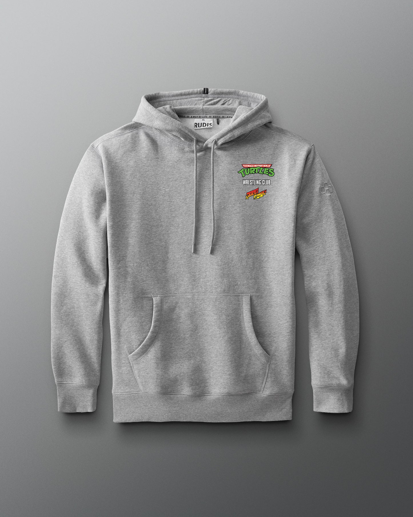 Gray hoodie with a logo on a gray background