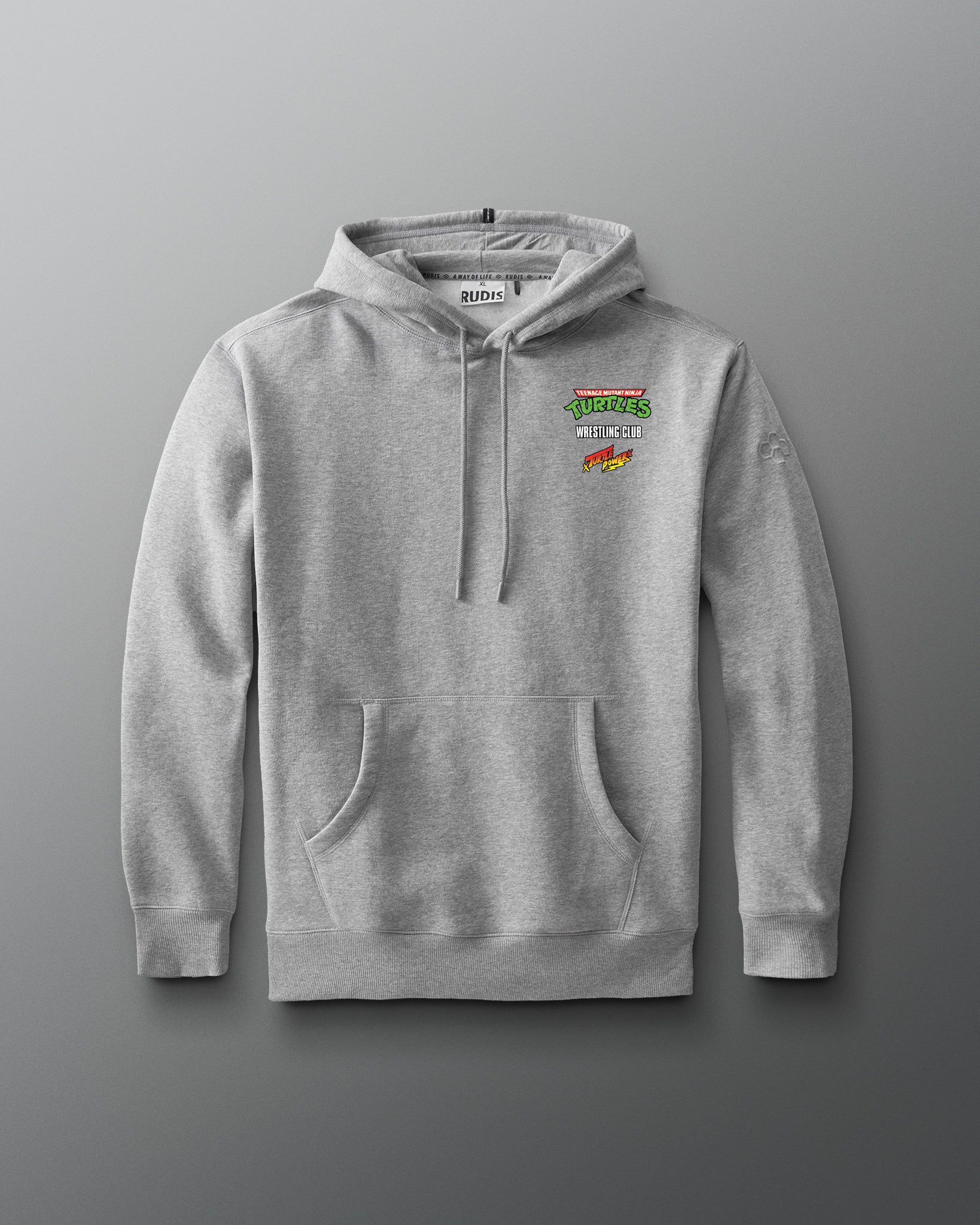 Gray hoodie with a logo on a gray background