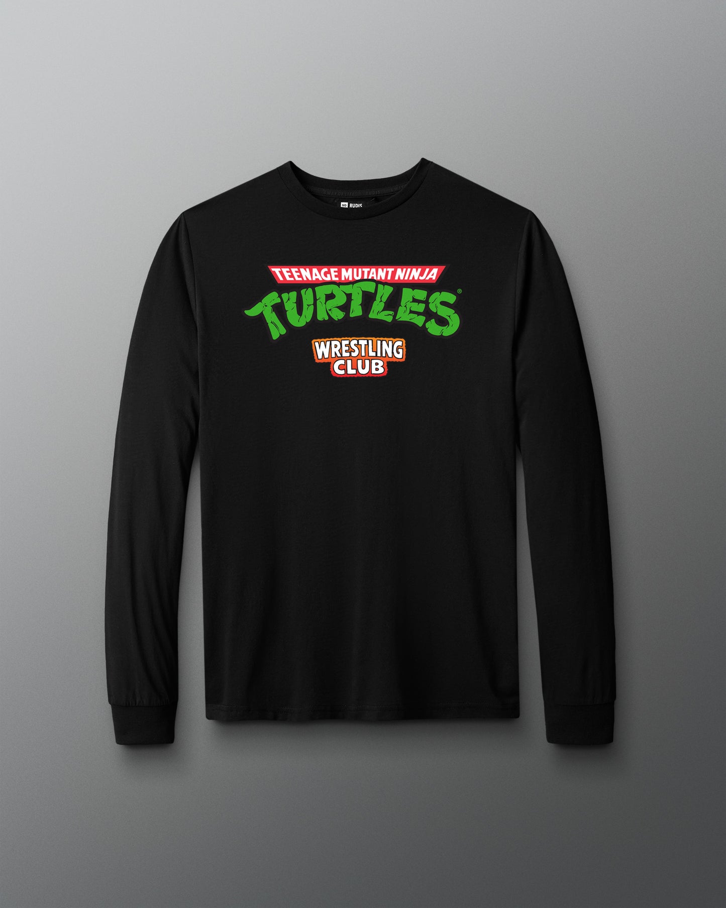 Black long-sleeve shirt with 'Teenage Mutant Ninja Turtles Wrestling Club' text on a gray background