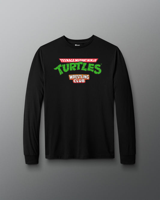 Black long-sleeve shirt with 'Teenage Mutant Ninja Turtles Wrestling Club' text on a gray background
