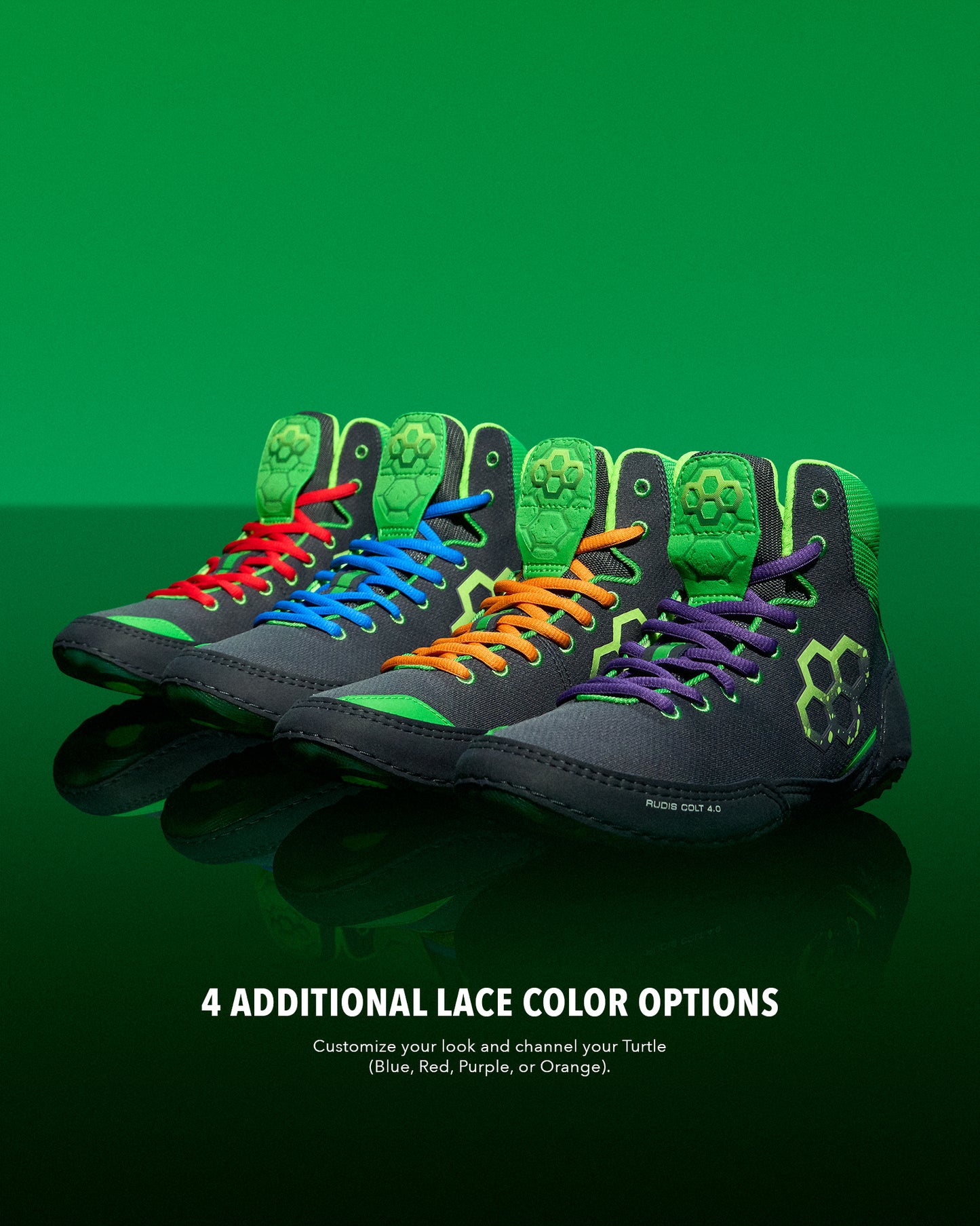 Colorful Wrestling shoes with customizable lace options on a green background