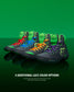 Colorful Wrestling shoes with customizable lace options on a green background