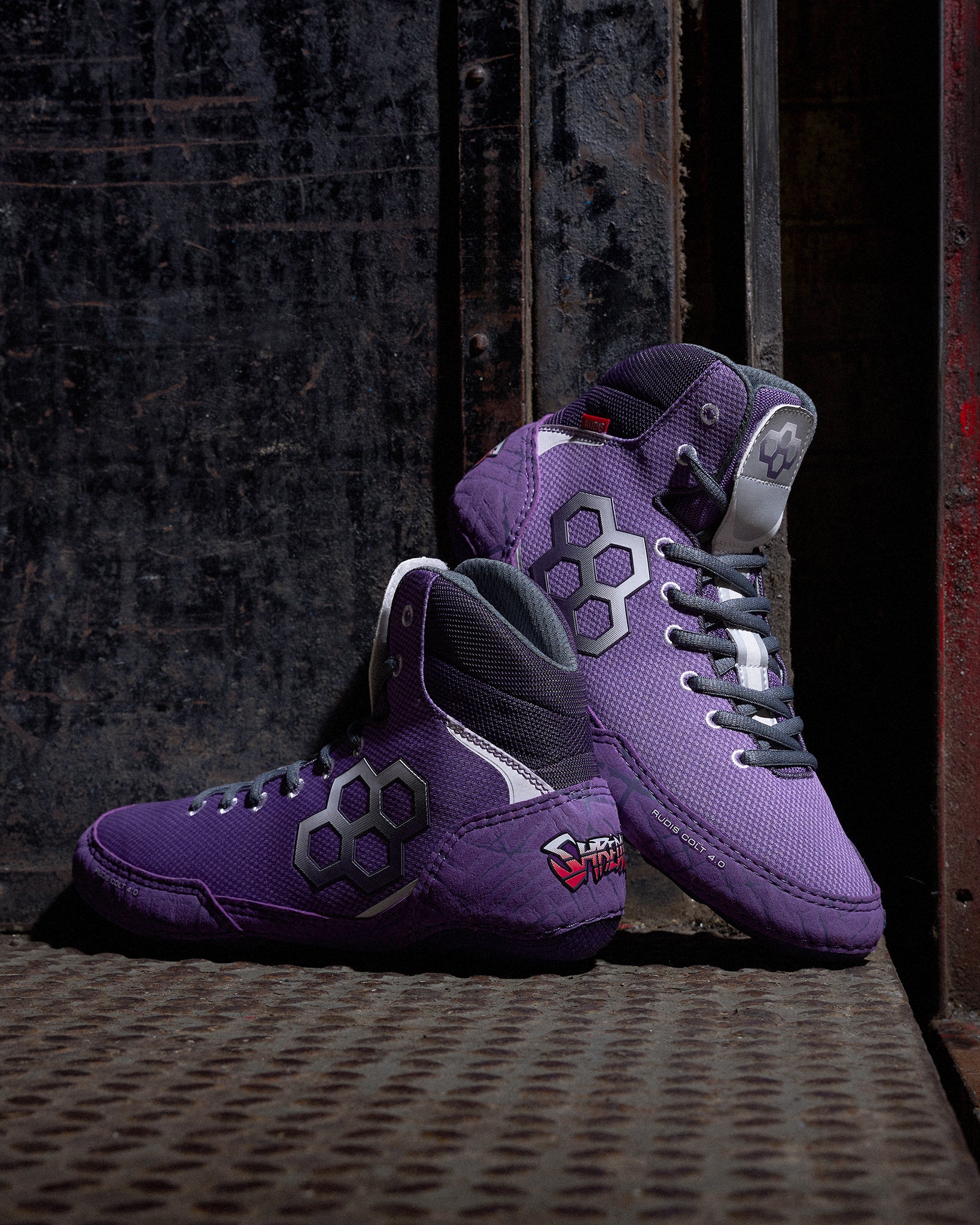 RUDIS Colt 4.0 Adult Wrestling Shoes in the Shredder colorway, featuring a lightweight high-top design, durable construction, and bold purple wrestling-inspired graphics for competition and training.