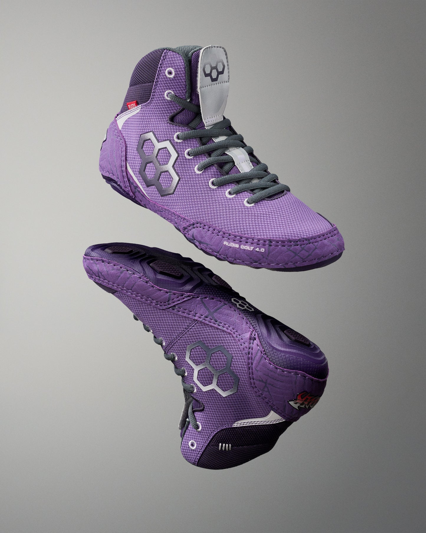Purple RUDIS Colt 4.0 Shredder wrestling shoes showcasing upper and outsole details.