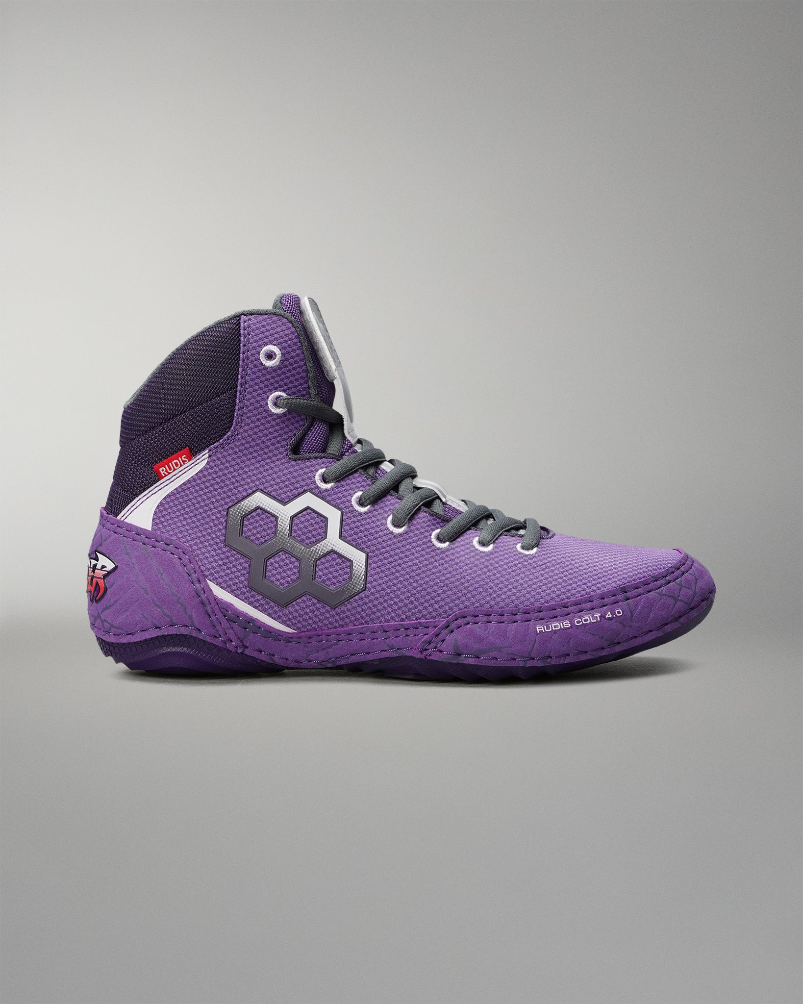 Purple RUDIS Colt 4.0 Shredder wrestling shoe shown in side profile.