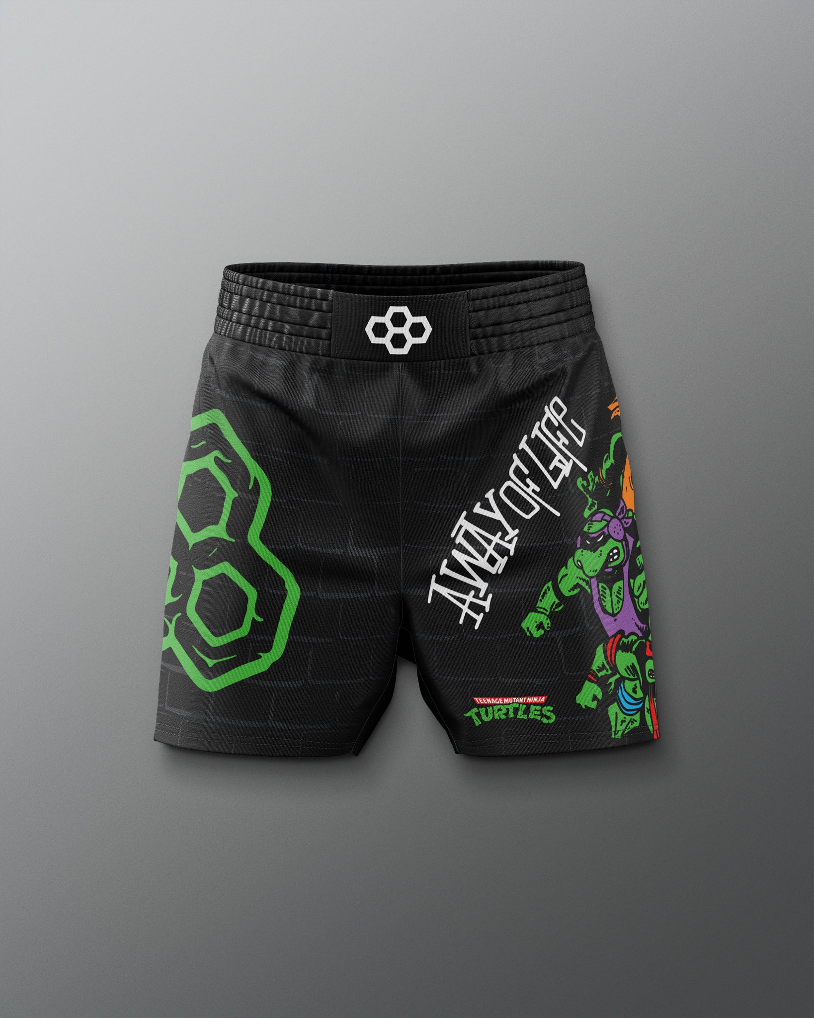 Black shorts with green and purple graphics on a gray background. TMNT. Teenage Mutant Ninja Turtle