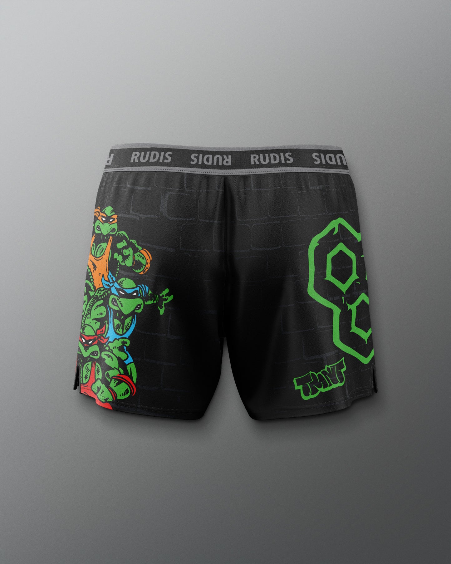 Black shorts with colorful graphics and 'RUDIS' branding on a gray background. TMNT. Teenage Mutant Ninja Turtle