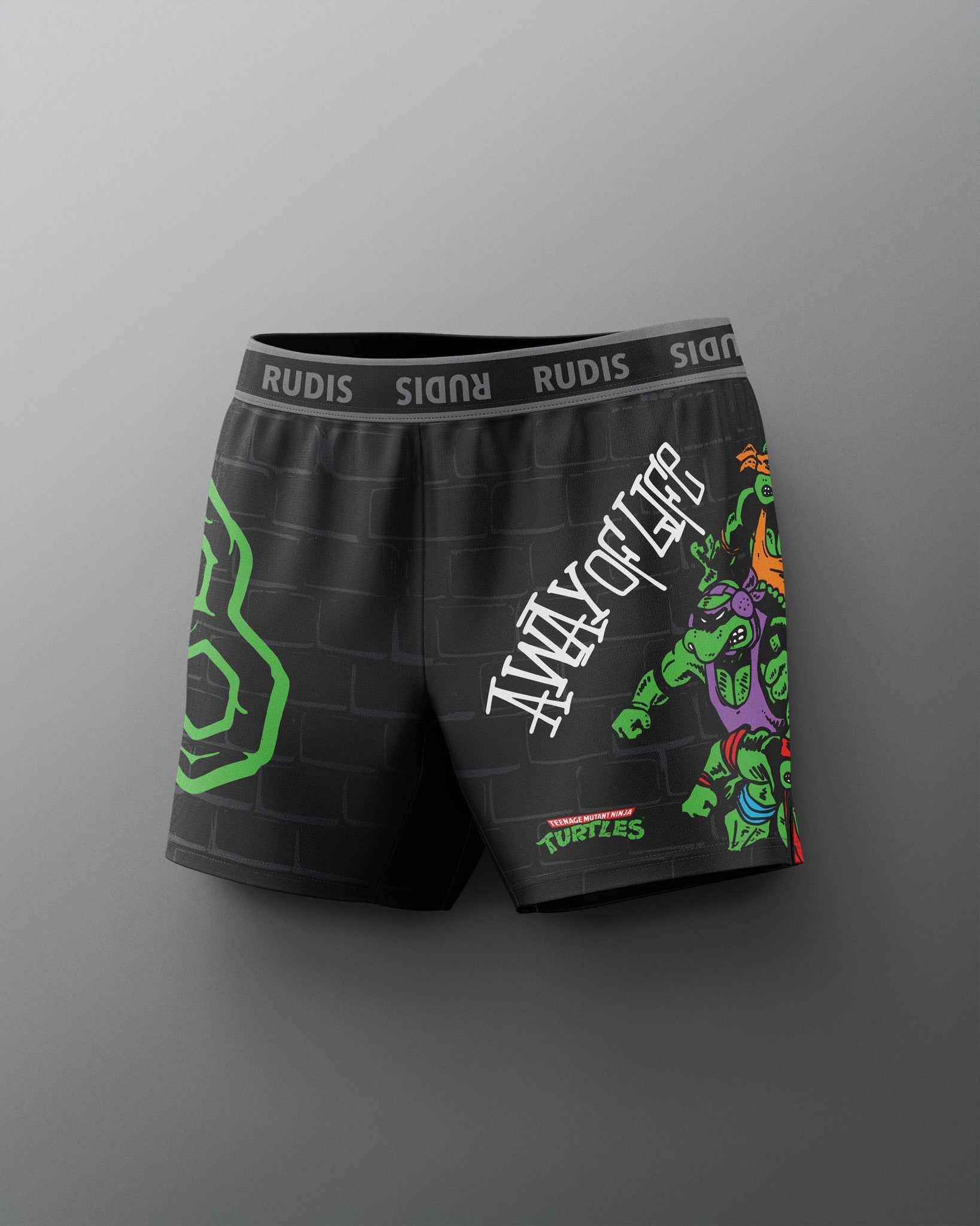 Black shorts with colorful graphics and text on a gray background. TMNT. Teenage Mutant Ninja Turtle