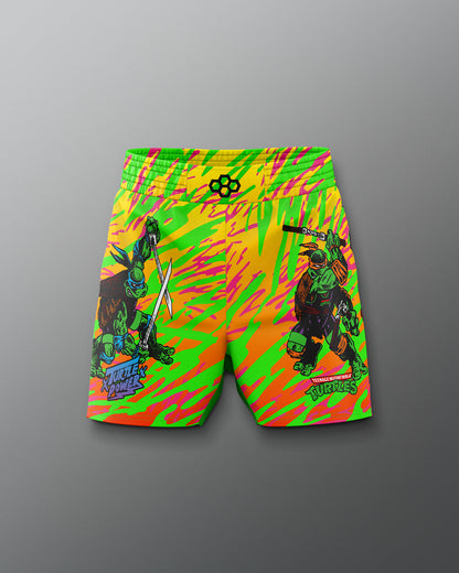 Colorful shorts with cartoon character design on a gray background
