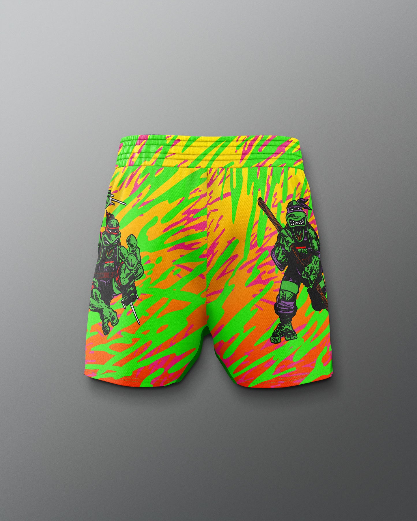 Colorful shorts with graphic design on a gray background