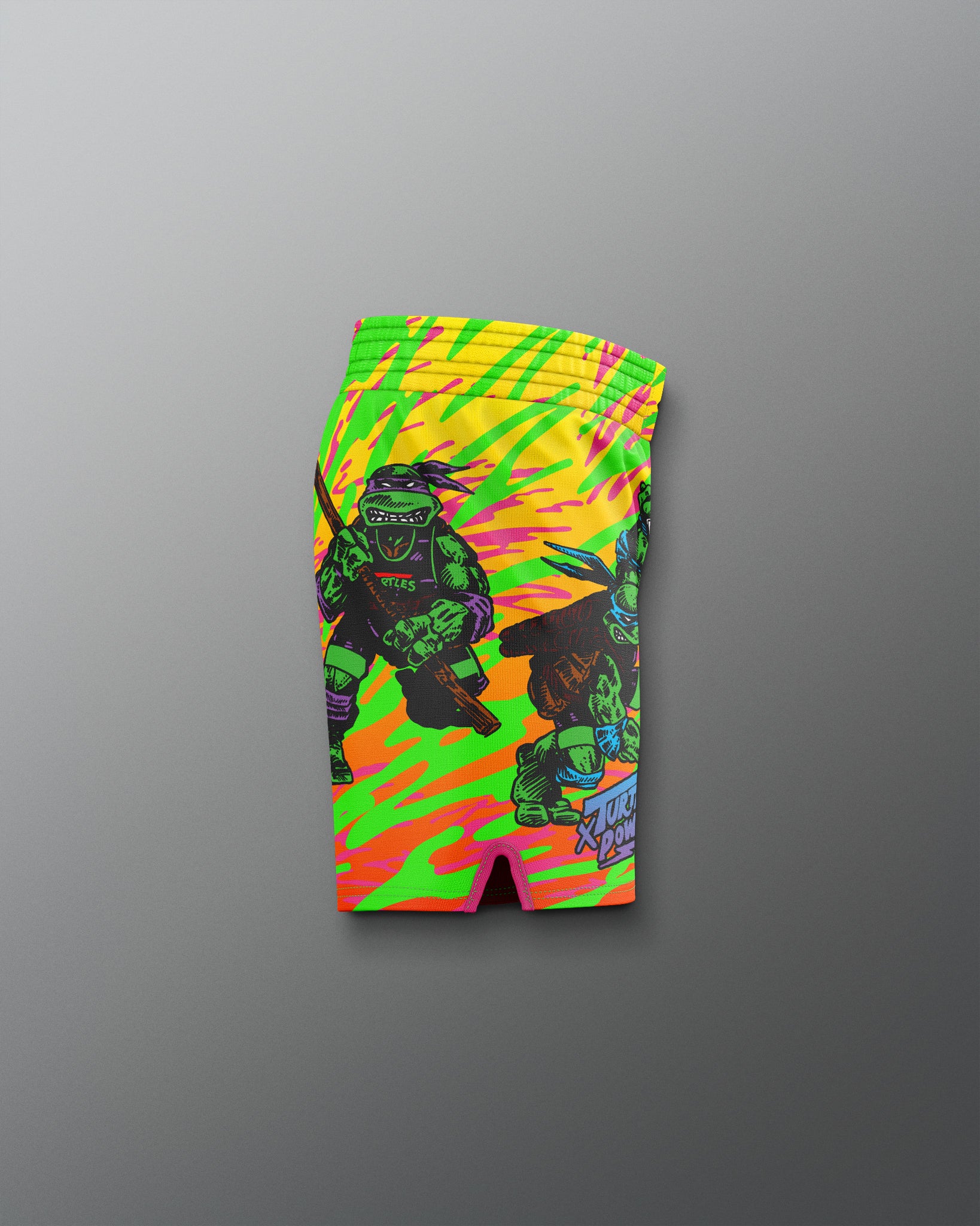 Colorful shorts with a character design on a gray background