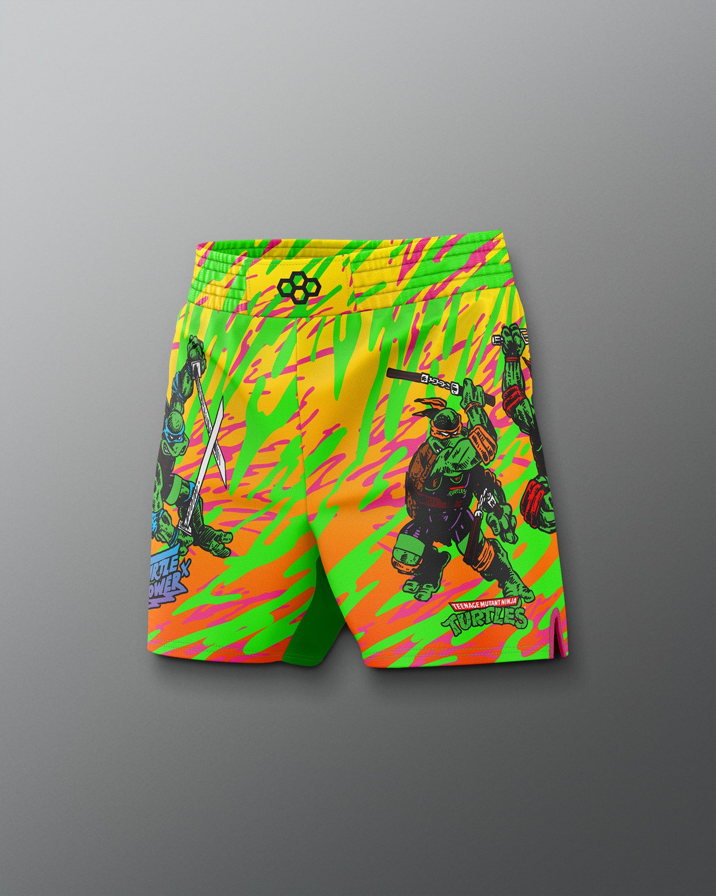 Colorful shorts with graphic design on a gray background