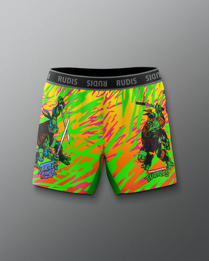 Colorful shorts with graphic design on a gray background