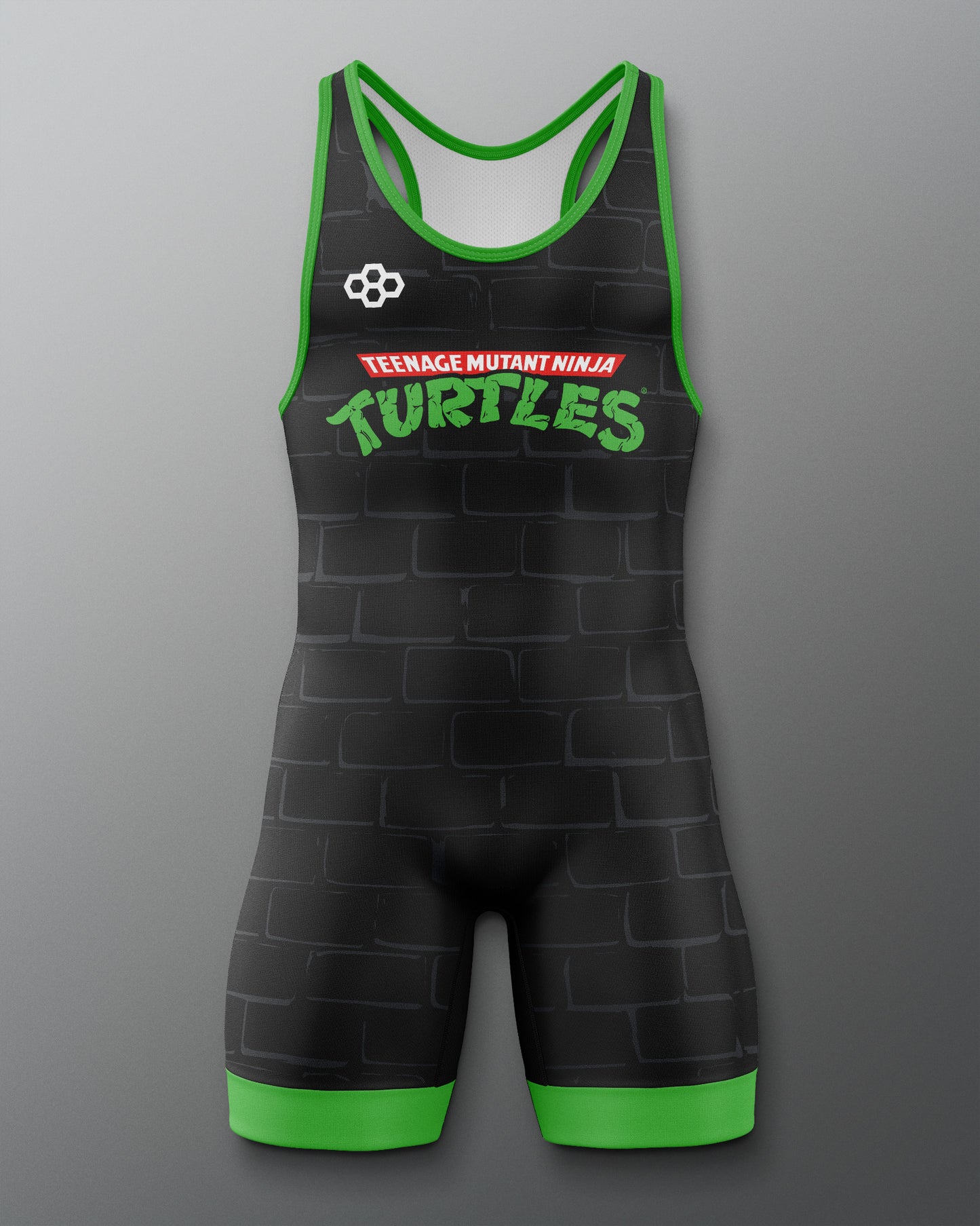 Black wrestling singlet with green accents featuring 'Teenage Mutant Ninja Turtles' text on a gray background