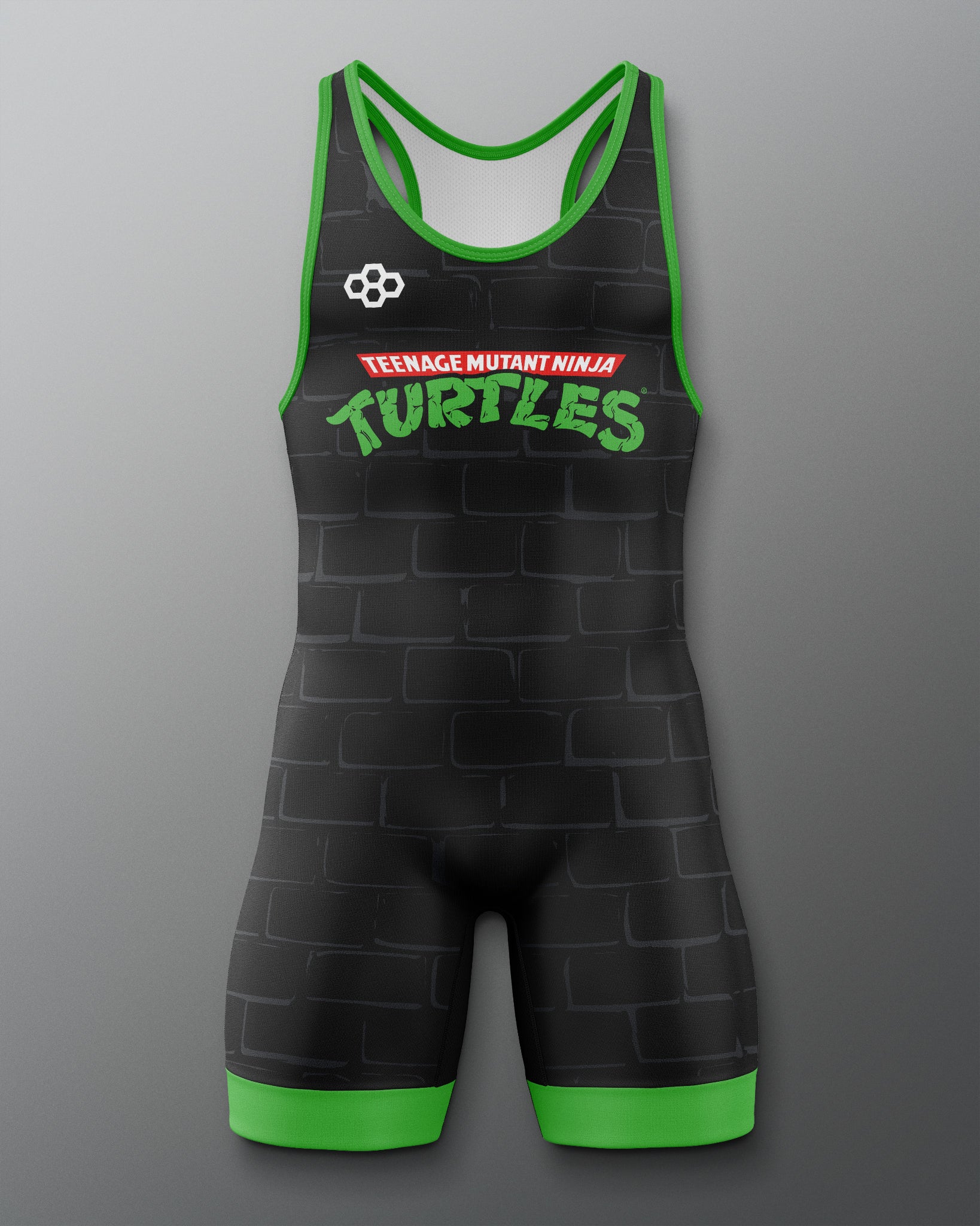 Black wrestling singlet with green accents featuring 'Teenage Mutant Ninja Turtles' text on a gray background