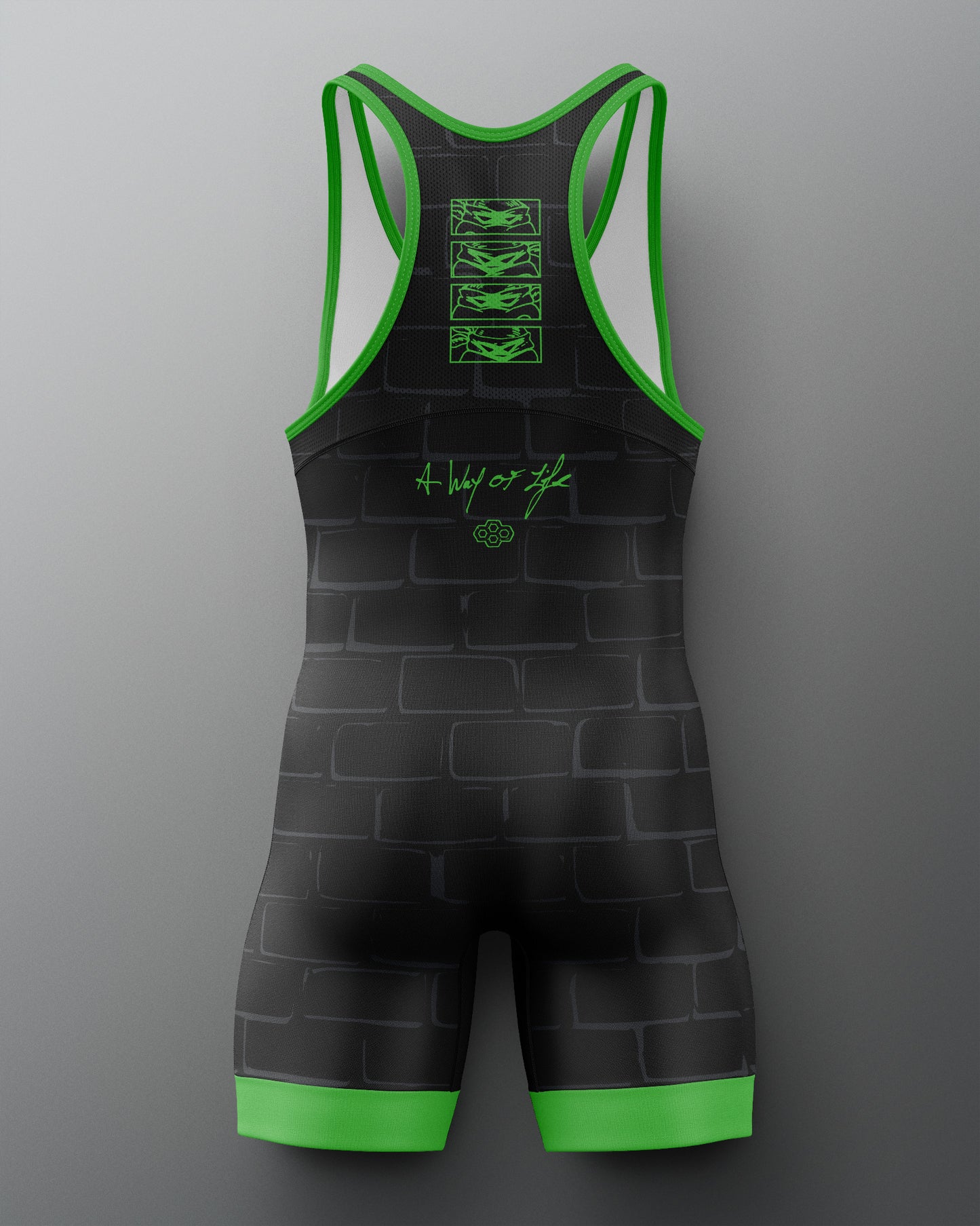 Black and green wrestling singlet with visible branding on a gray background. TMNT. Teenage Mutant Ninja Turtles