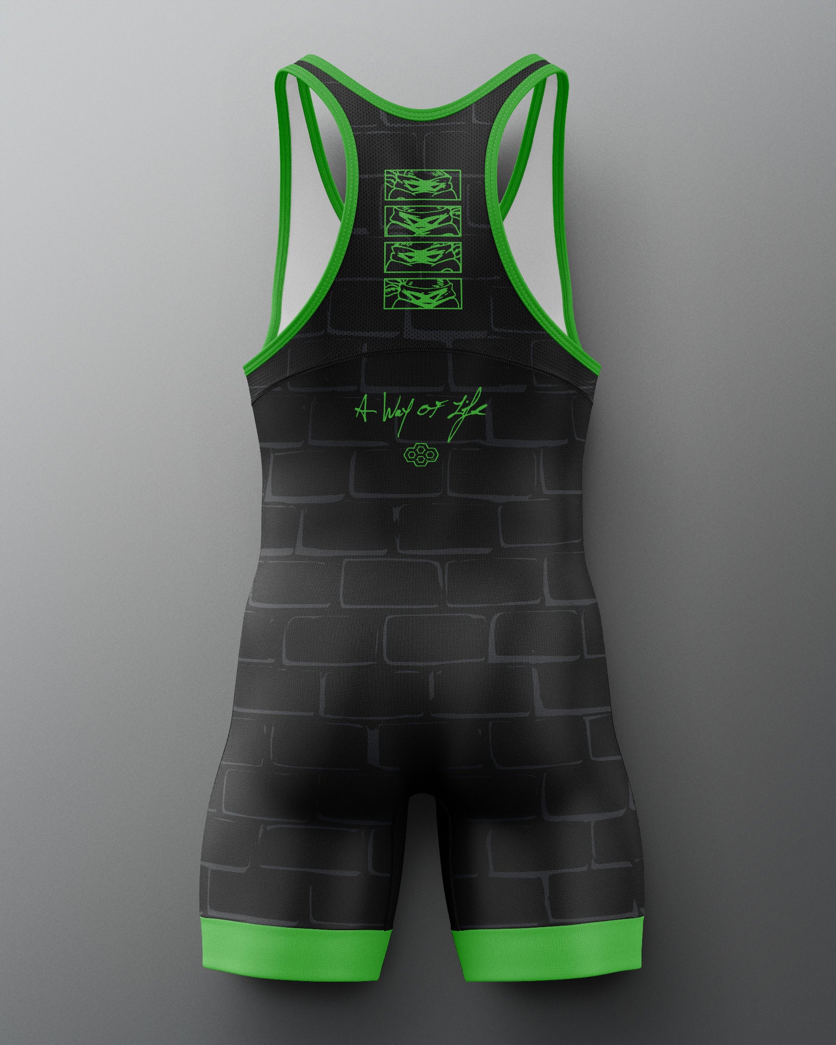 Black and green wrestling singlet with visible branding on a gray background. TMNT. Teenage Mutant Ninja Turtles
