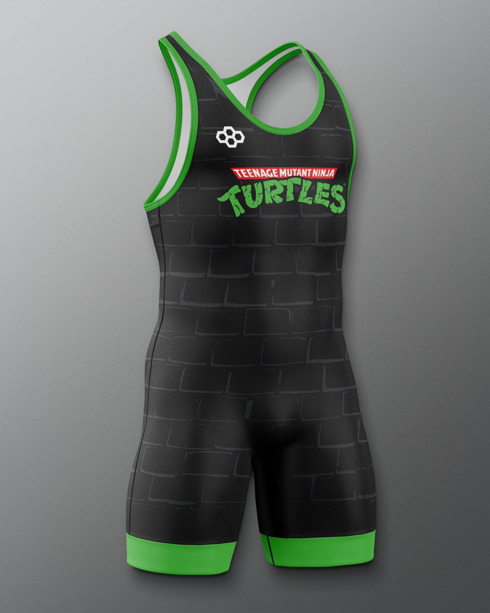Black and green wrestling singlet with 'Teenage Mutant Ninja Turtles' branding on a gray background. TMNT