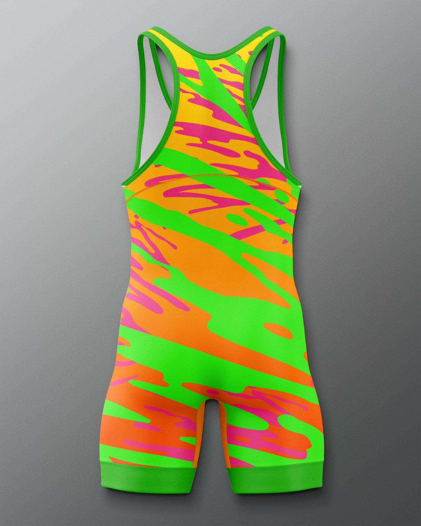 Colorful singlet with green, orange, and pink pattern on a gray background