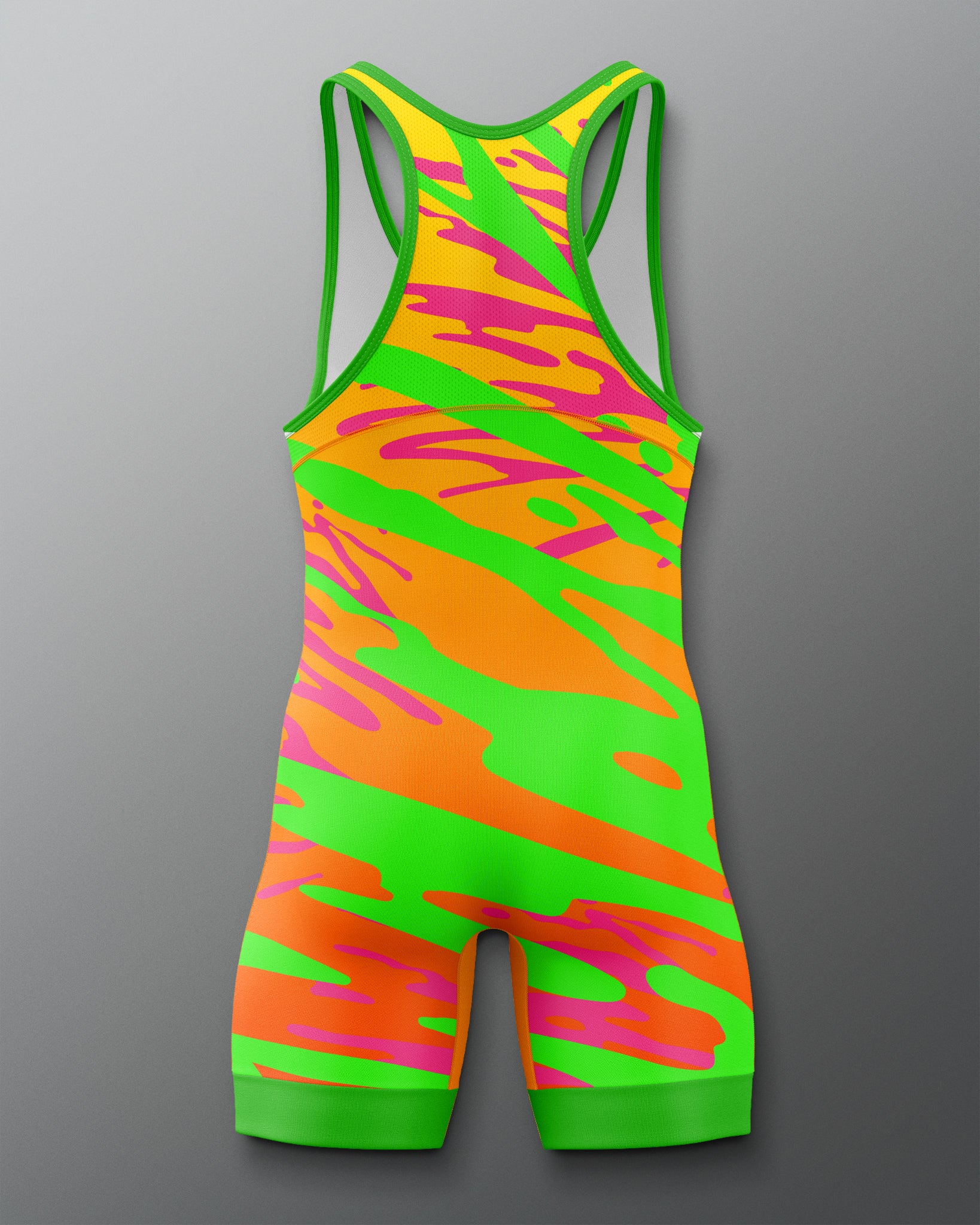 Colorful singlet with green, orange, and pink pattern on a gray background