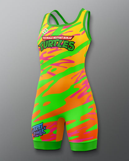 Colorful wrestling singlet with Teenage Mutant Ninja Turtles design on a gray background
