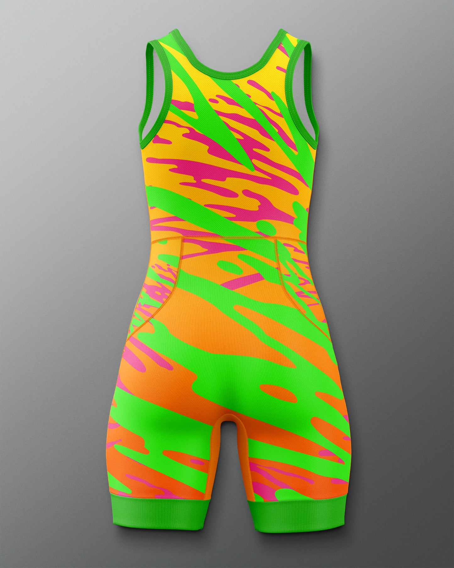 Colorful wrestling singlet with green, orange, and pink pattern on a gray background