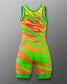 Colorful wrestling singlet with green, orange, and pink pattern on a gray background