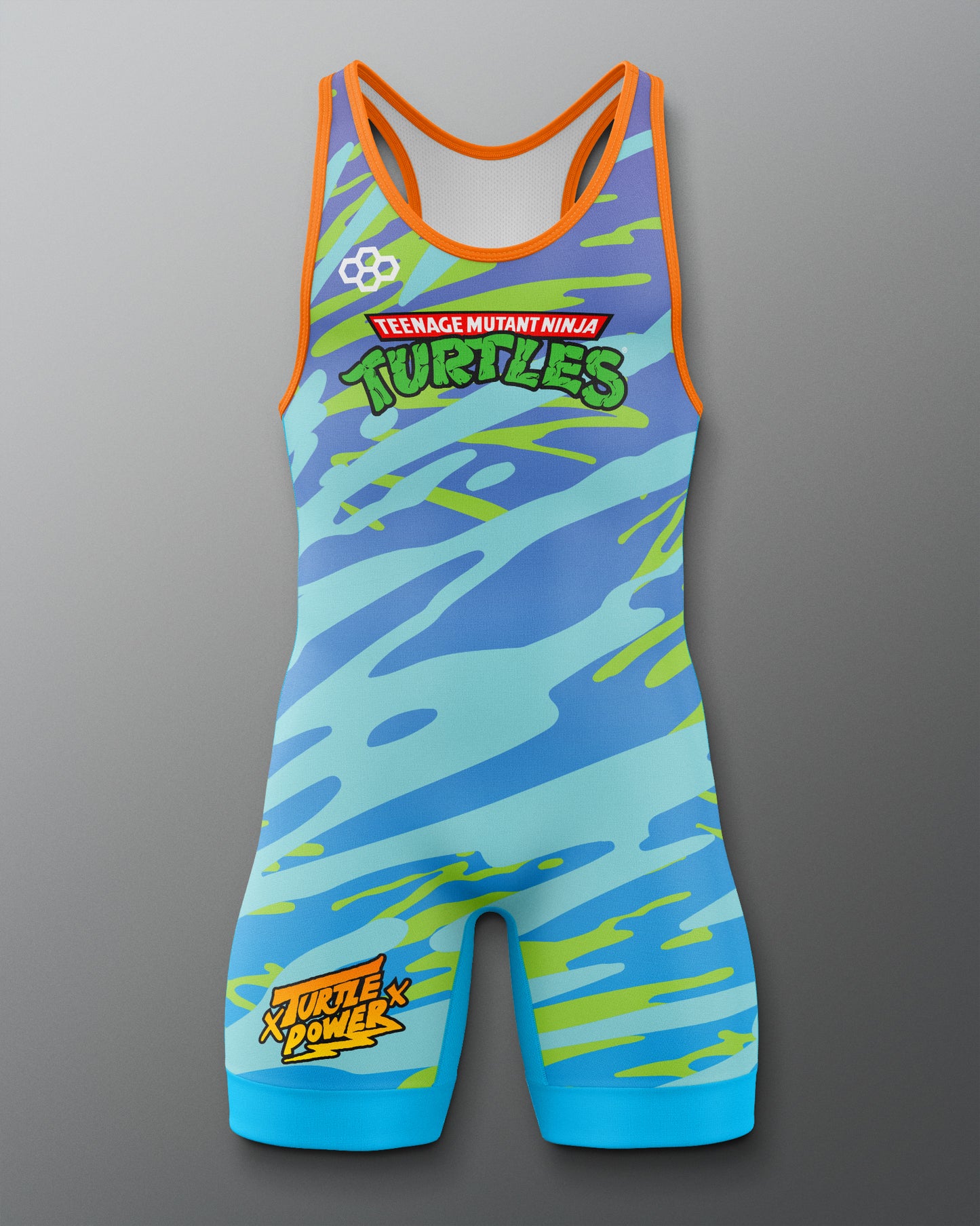 RUDIS Teenage Mutant Ninja Turtles freestyle wrestling singlet in blue with bold ooze camo graphics
