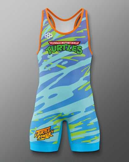 RUDIS Teenage Mutant Ninja Turtles freestyle wrestling singlet in blue with bold ooze camo graphics
