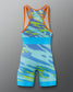 Back view of RUDIS Teenage Mutant Ninja Turtles Ooze freestyle wrestling singlet in blue with vibrant camouflage-inspired graphics