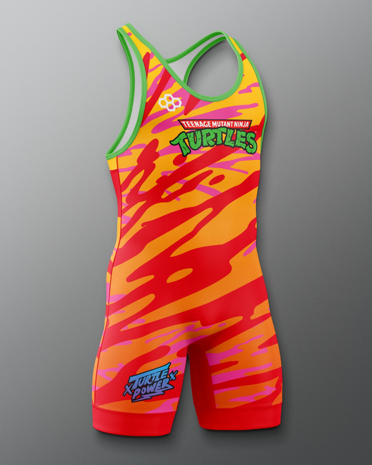 Side view of RUDIS Teenage Mutant Ninja Turtles Ooze freestyle wrestling singlet in orange with vibrant camouflage-inspired graphics