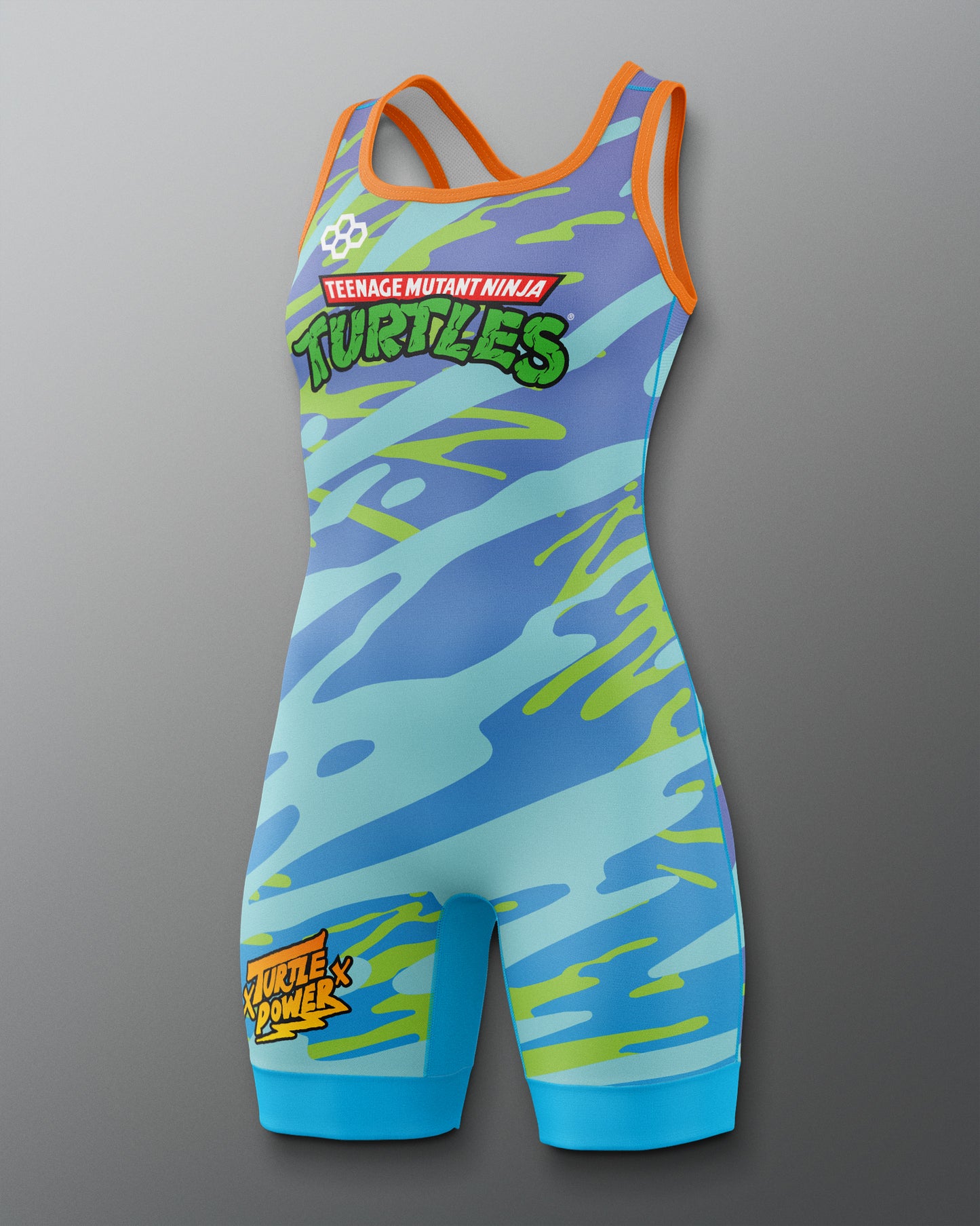 Blue and green wrestling singlet with Teenage Mutant Ninja Turtles branding on a gray background