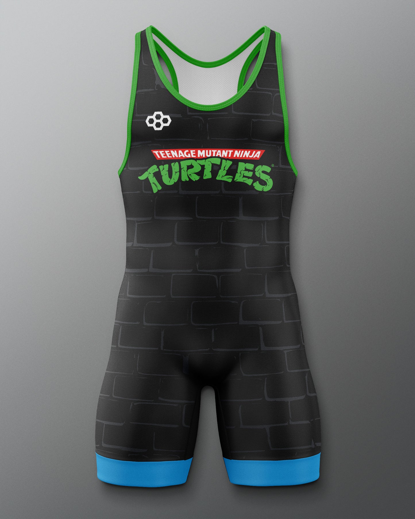 Black wrestling singlet with green and blue accents featuring 'Teenage Mutant Ninja Turtles' text on a gray background.