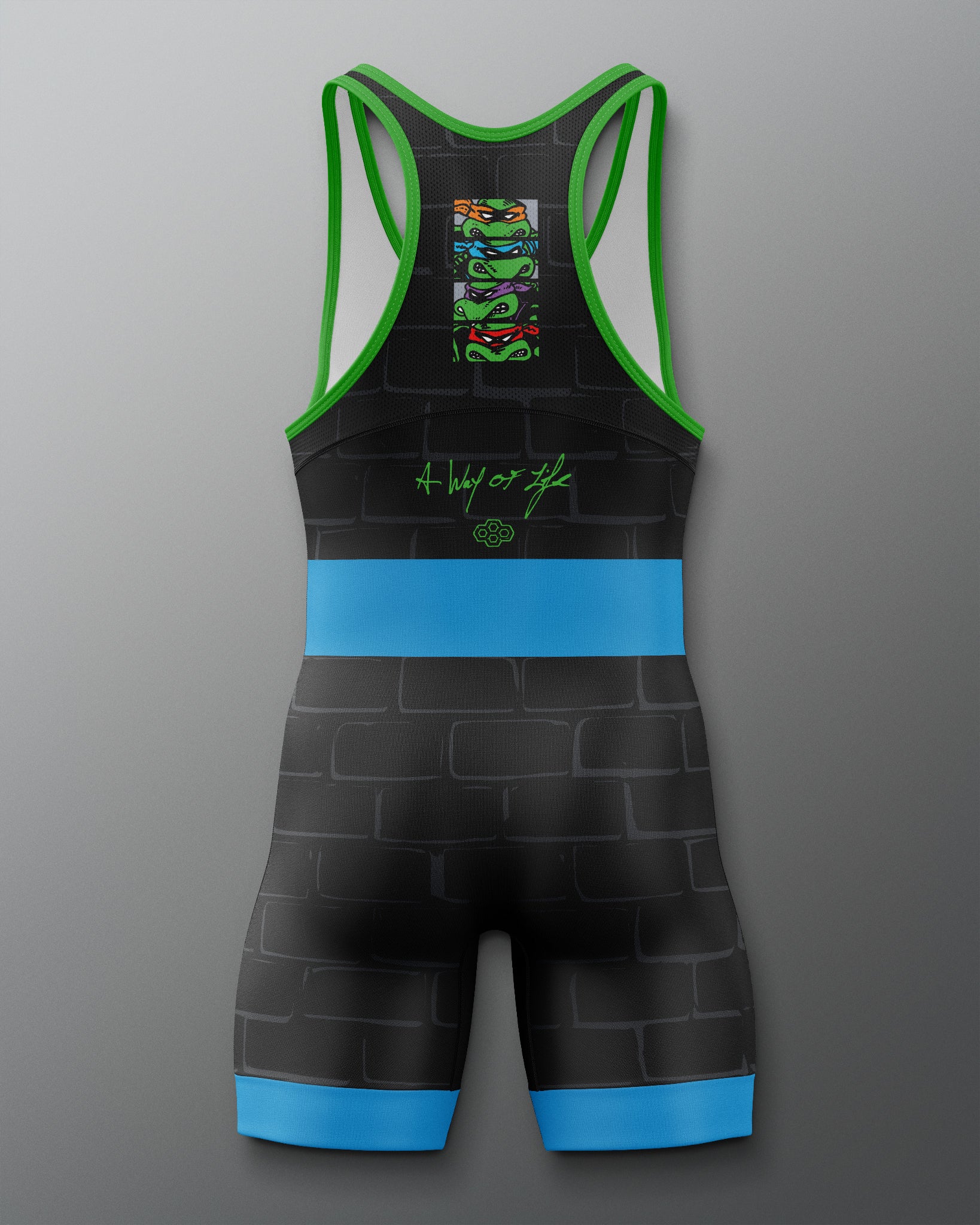 Black wrestling singlet with green straps and blue accents on a gray background